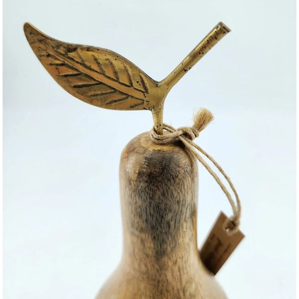 NEW Hand Carved Mango Wood‎ Decorative Pear With Metal Stem & Leaf MCM Design